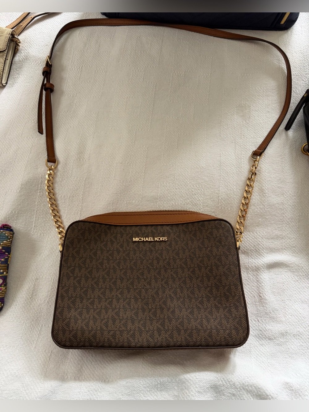 Michael Kors Brown Logo-Print Messenger Bag with Gold Chain Strap